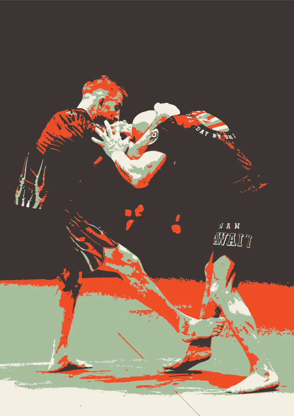 Two grapplers fighting for grips, in the club's orange, sage and charcoal colours